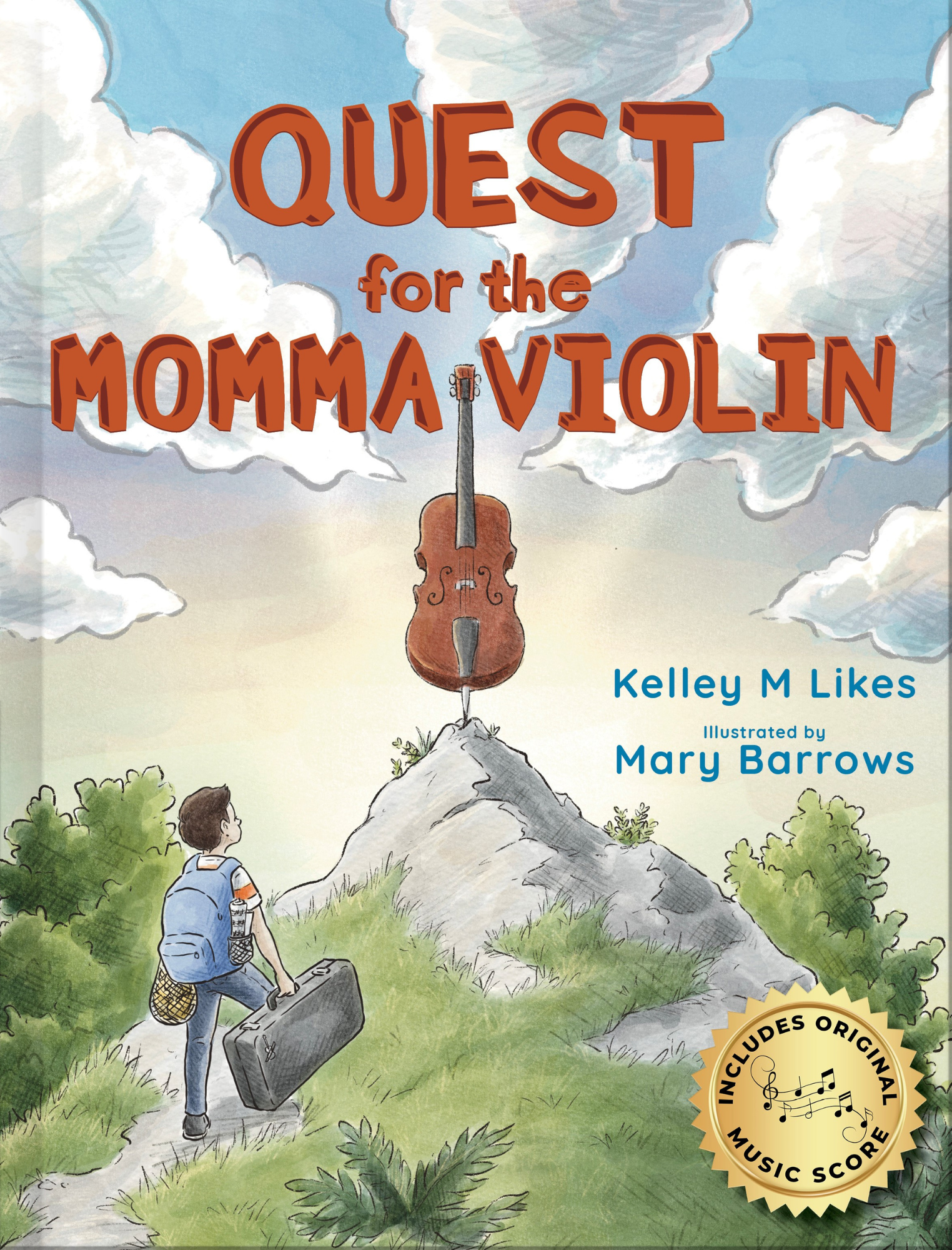 Cover of the book 'Quest for the Momma Violin' featuring an illustration of a person with a cello looking towards a mountainous landscape with a donkey.