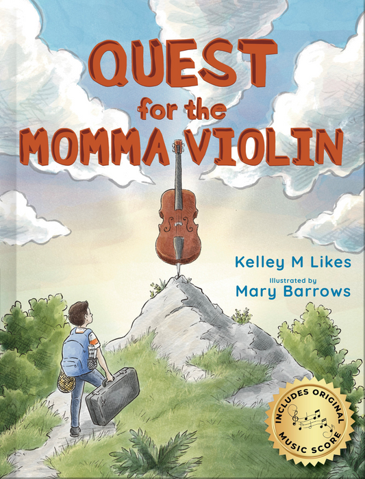 Cover of the book 'Quest for the Momma Violin' featuring an illustration of a person with a cello looking towards a mountainous landscape with a donkey.