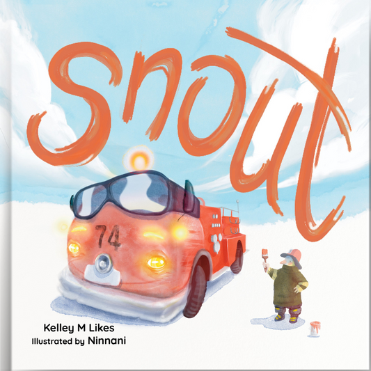 A children's book cover with a illustration of a red fire engine with large glasses and a cartoonish character painting it with the aid of a ladder. The title 'Snout' is written in a large, playful font above.