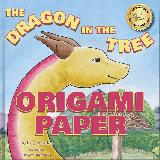 Cover of 'The Dragon in the Tree Origami Paper' book, showing an illustration of a yellow dragon with a tree in the background.