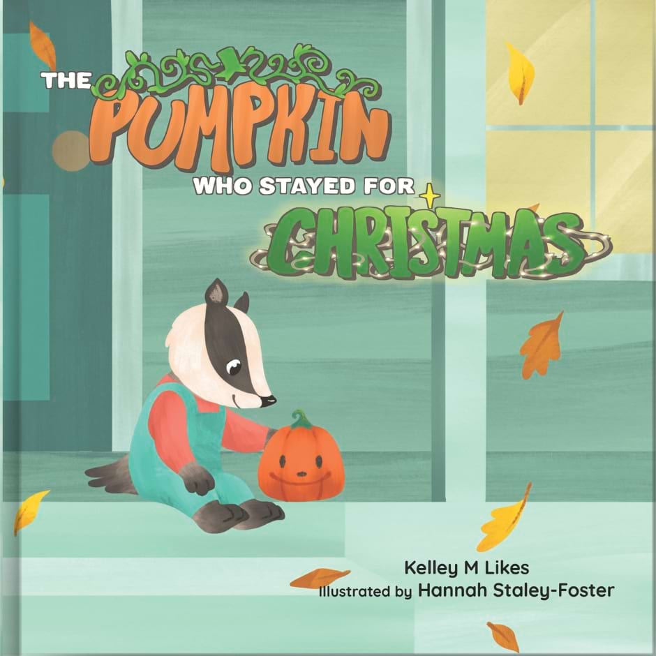 Book cover of 'The Pumpkin Who Stayed for Christmas' with a badger and pumpkin illustration.