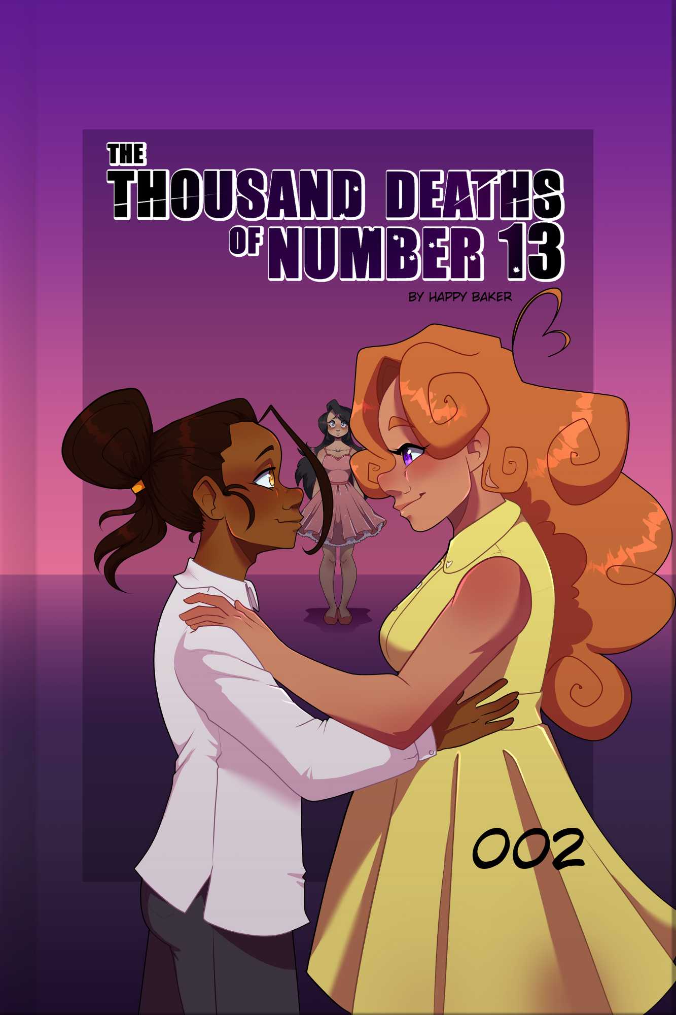 Cover of 'The Thousand Deaths of Number 13' with two characters embracing on a purple background