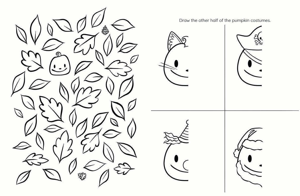 Pumpkin costume drawing activity with leaf patterns and partial costumes.