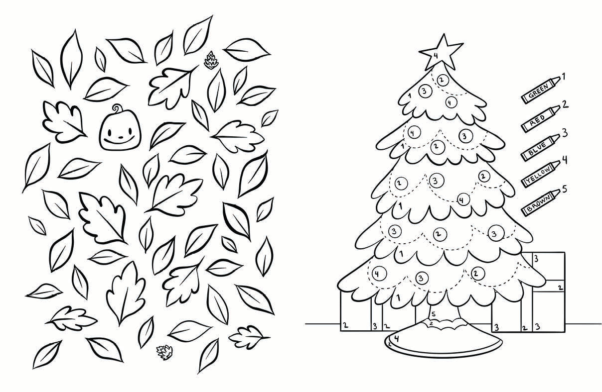 Coloring page with a Christmas tree and decorative elements on a white background