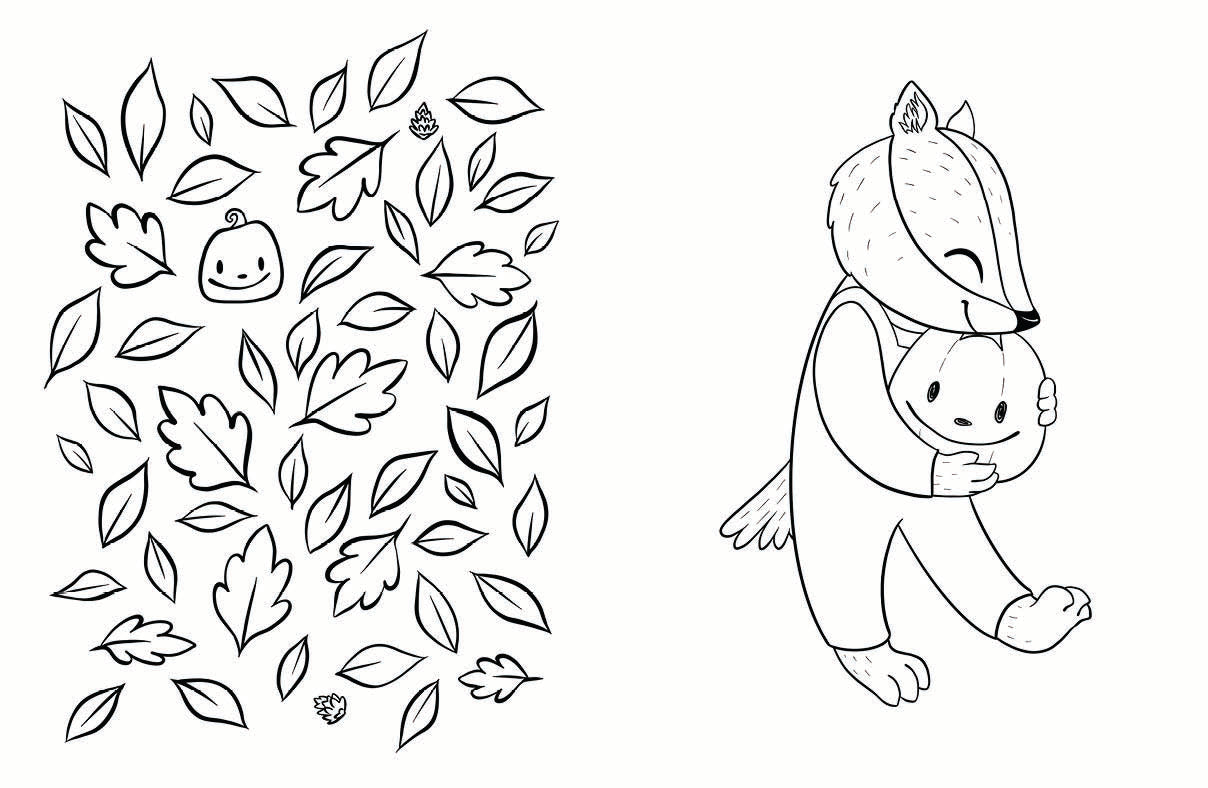 Black and white illustration of a badger and pumpkin with leaf pattern on a white background