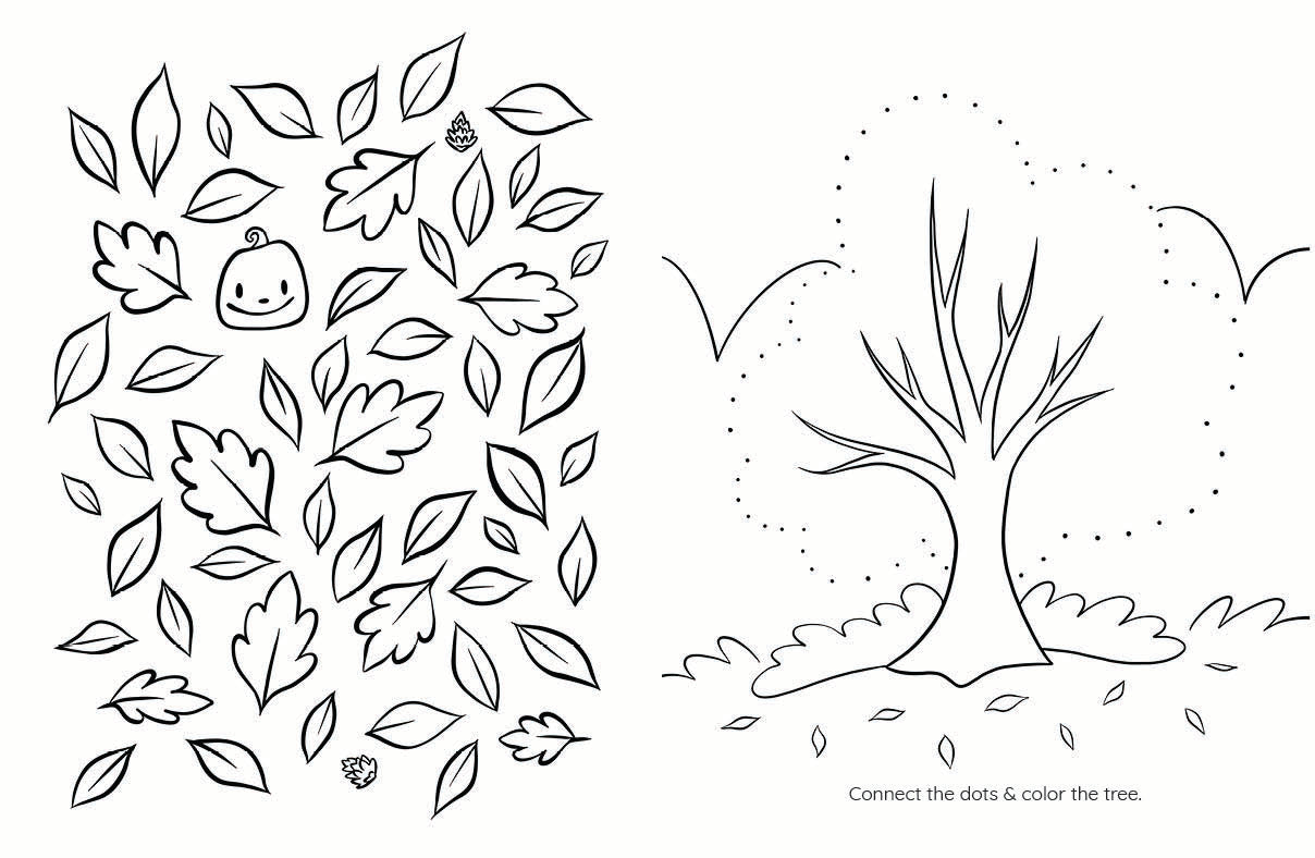 Coloring page with leaf patterns and a tree connect the dots on a white background