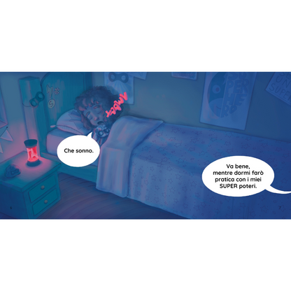 Child in bed with superhero cape, night light, and text bubbles in a bedroom setting.