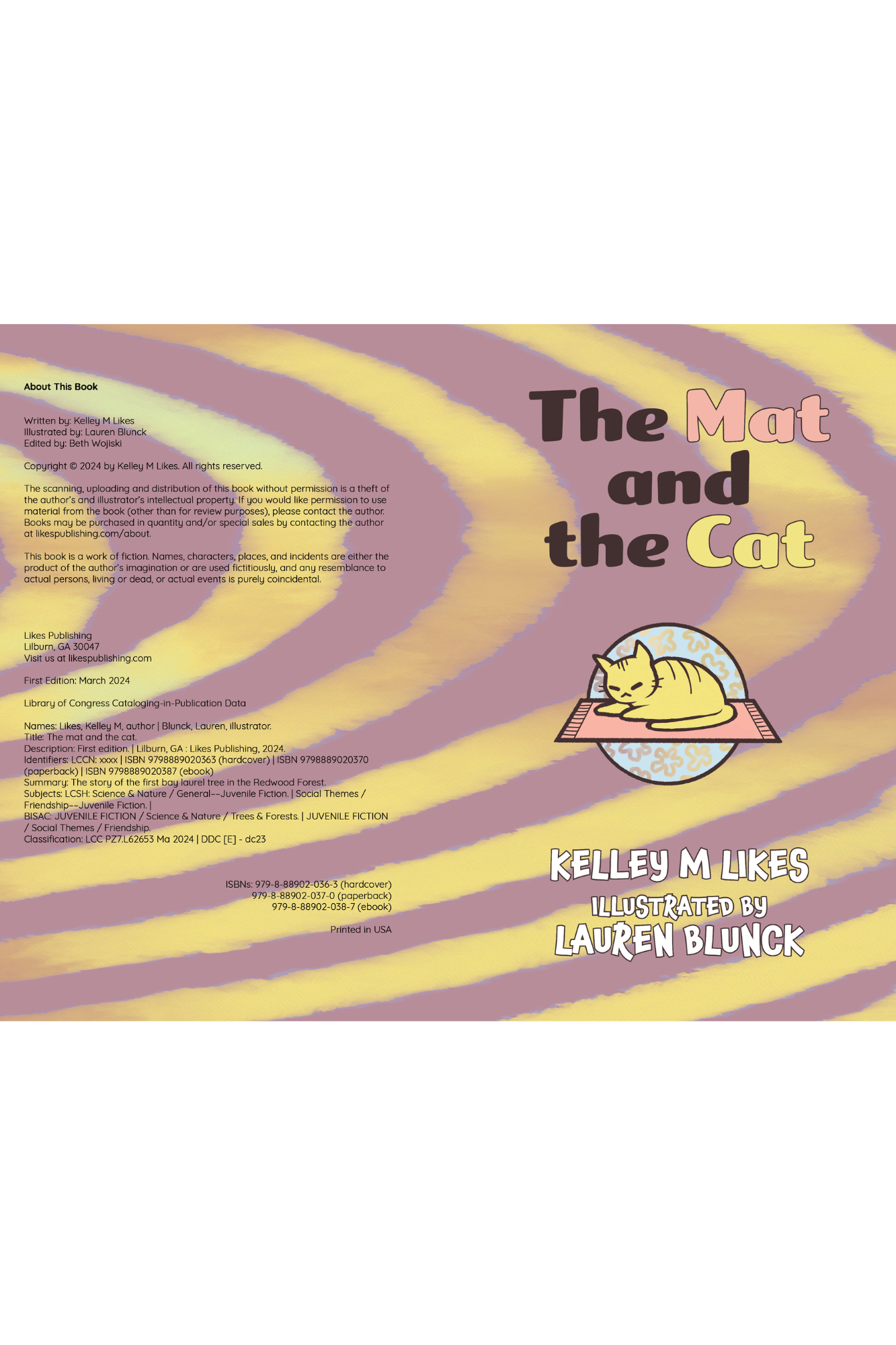 Title page with purple and yellow pattern and a cat on a mat