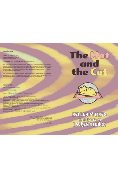 Title page with purple and yellow pattern and a cat on a mat