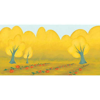 Cartoon landscape with yellow trees and pumpkin patch on a white background