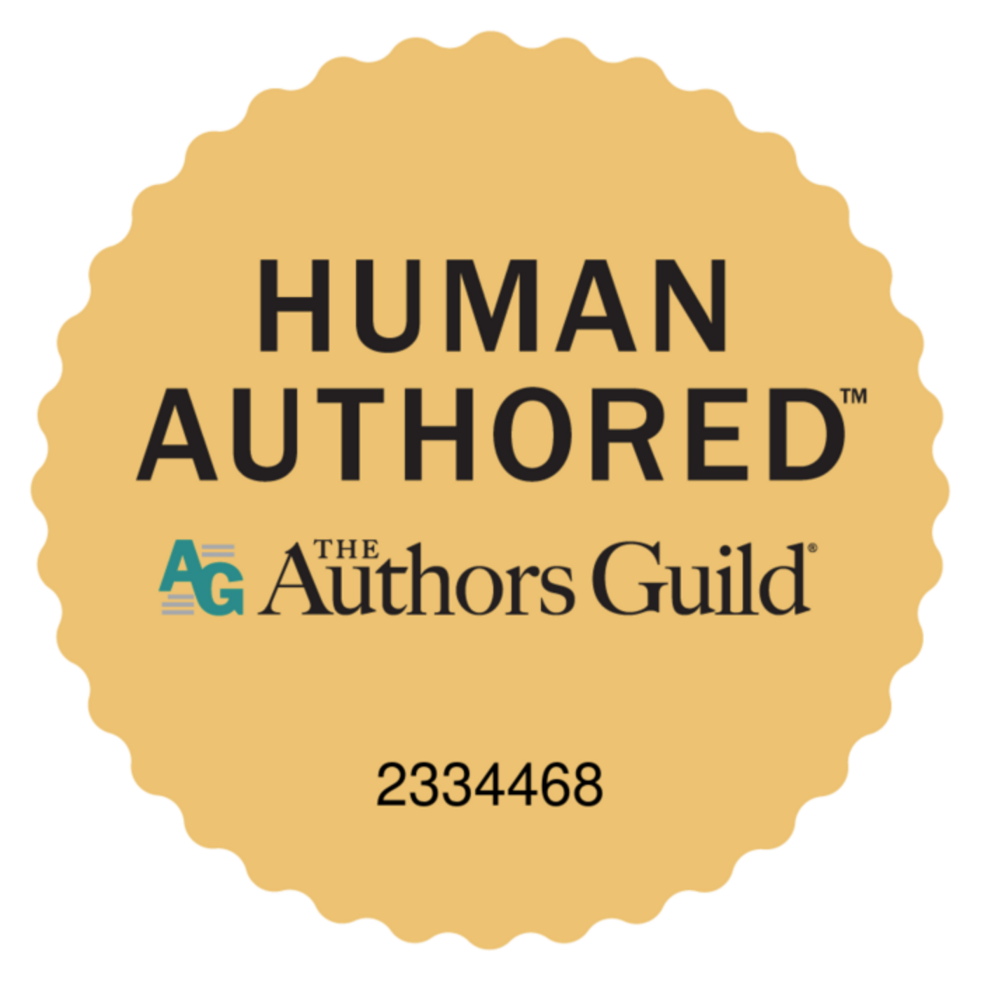 Circular badge with 'Human Authored' text and The Authors Guild logo on a yellow background