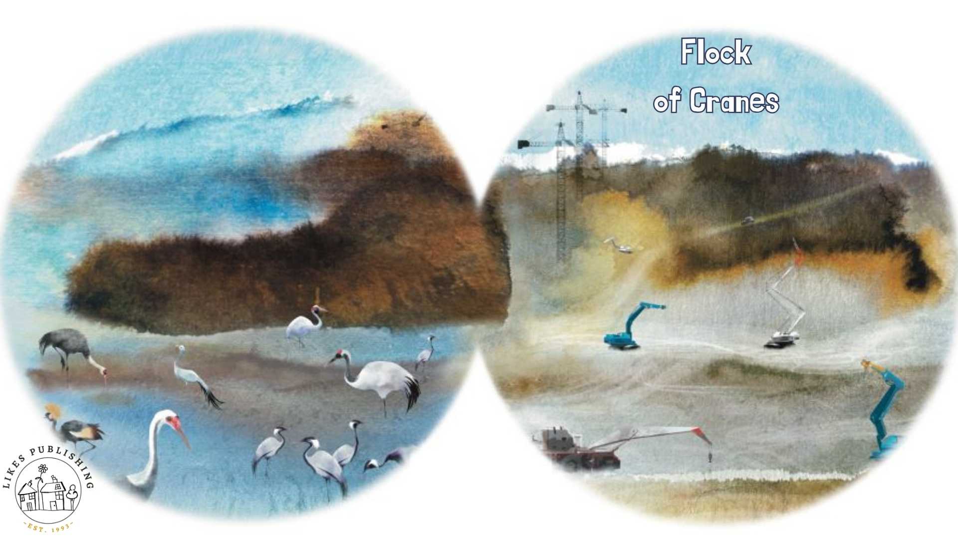 Two circular artworks depicting a flock of cranes with a mountainous background.