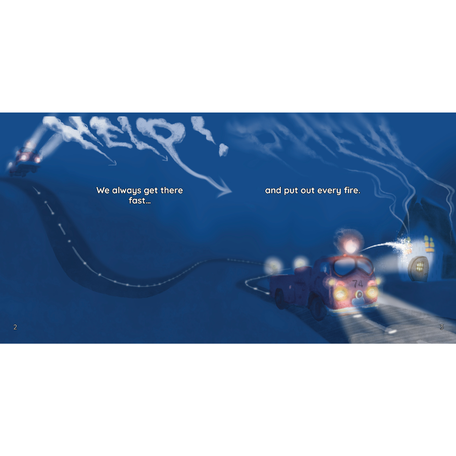 Dark blue background, fire engine putting out fire