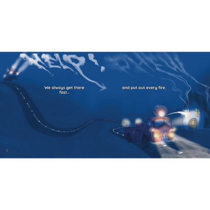 Dark blue background, fire engine putting out fire
