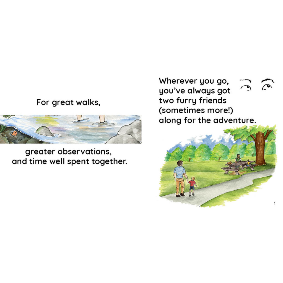Fish in stream and man walking with son on path, holding hands. People sitting at a bench