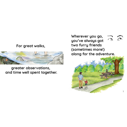 Fish in stream and man walking with son on path, holding hands. People sitting at a bench