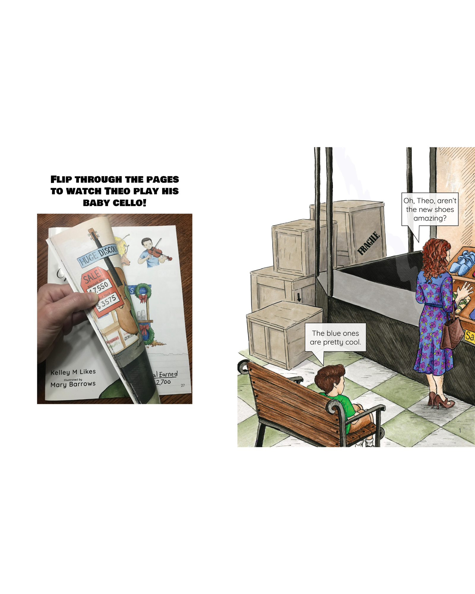 Image of a boy playing a violin. Shoe store and moving boxes