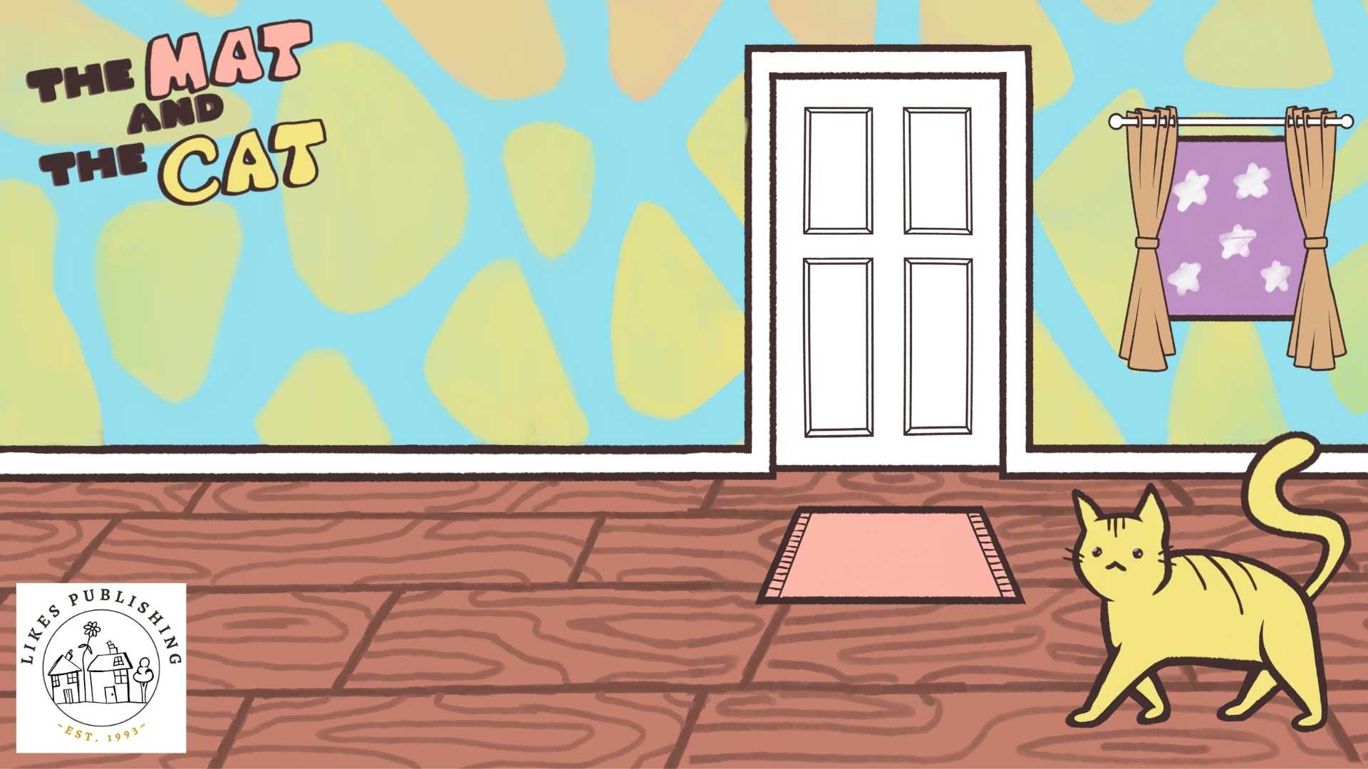 Cartoon illustration of a room with a cat, colorful walls, and a door.