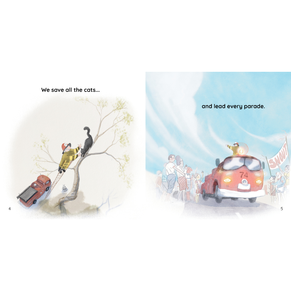Man rescuing cat from tree, fire engine leading a parade