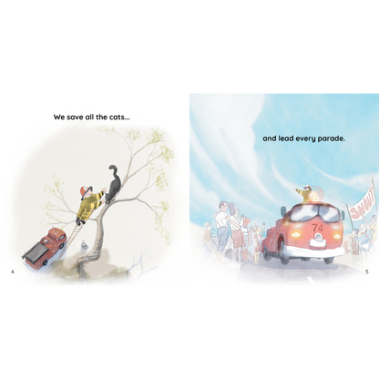 Man rescuing cat from tree, fire engine leading a parade