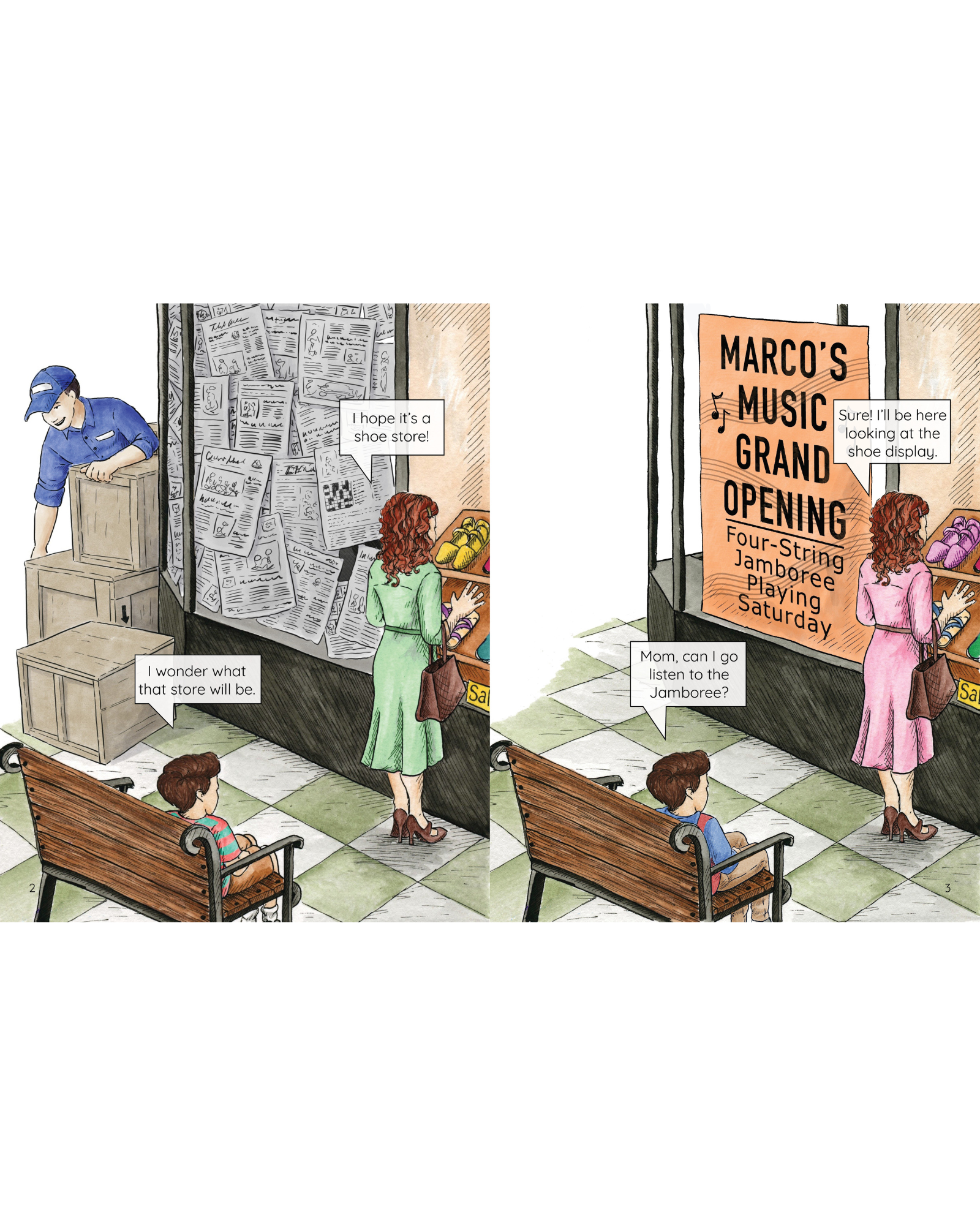 Store window with newspaper and moving boxes. Shoe store