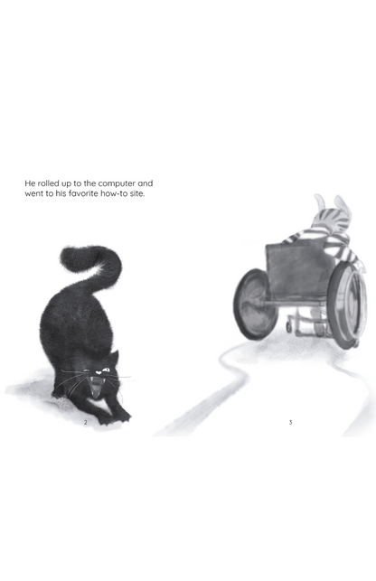 Boy in wheelchair and black cat stretching