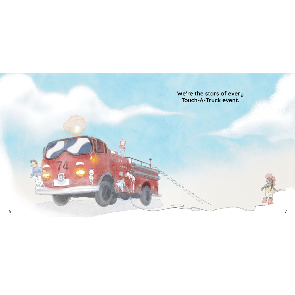 Children playing on red fire engine