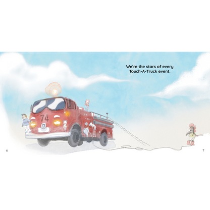 Children playing on red fire engine