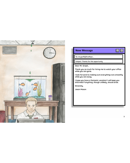 Man typing at computer. Four orange fish in tank. Green goo dripping from ceiling into tank. Email message