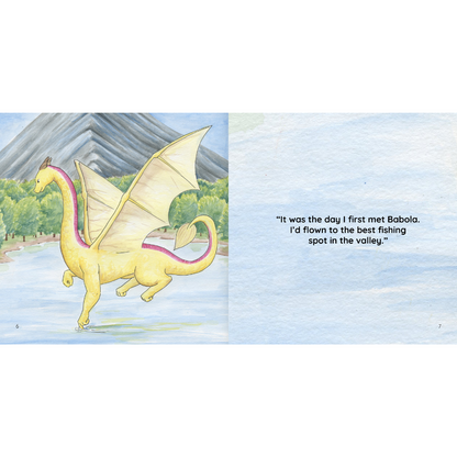 Large yellow and pink dragon with wings flying over water