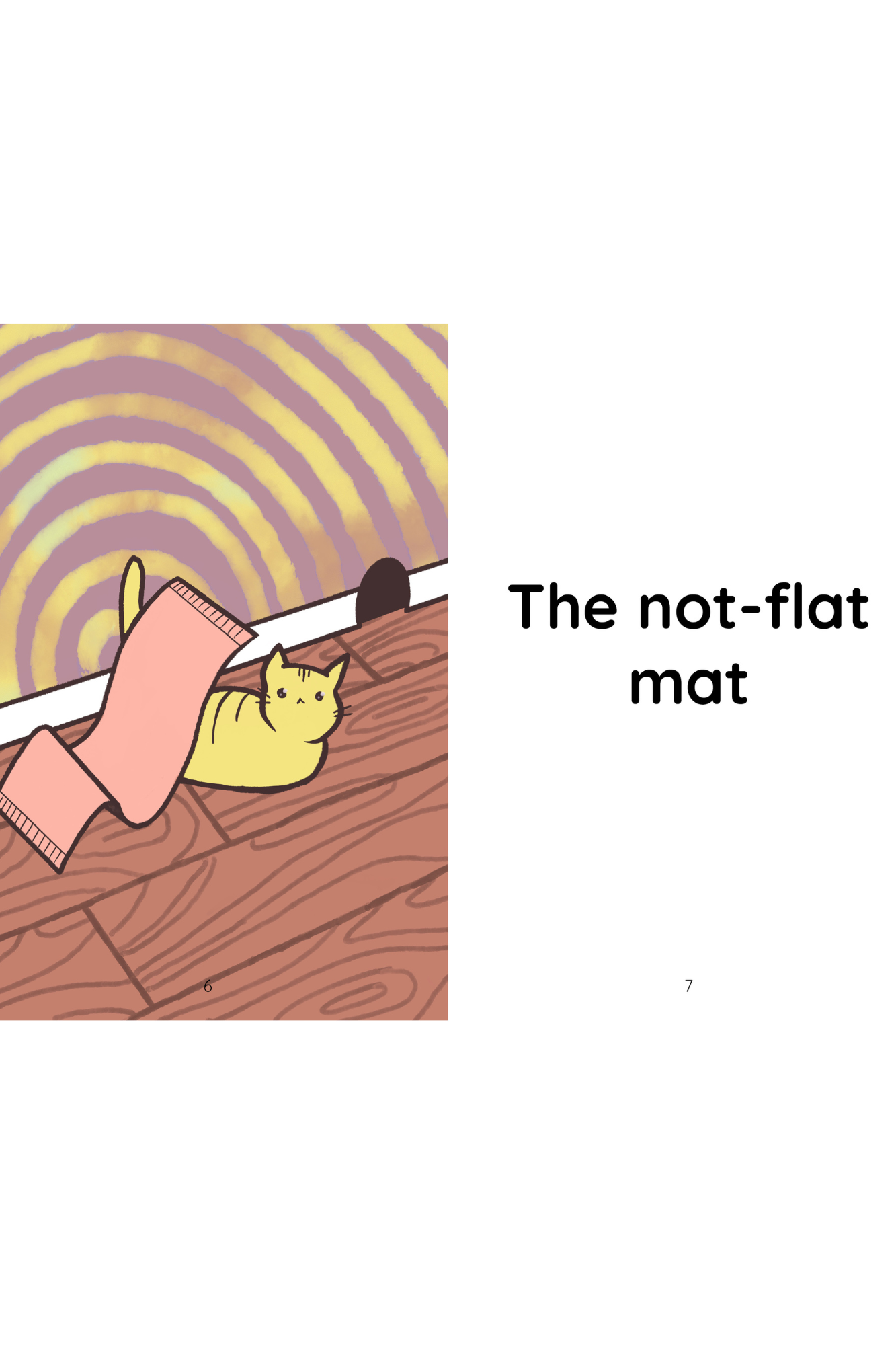 The mat flying over to a sitting cat