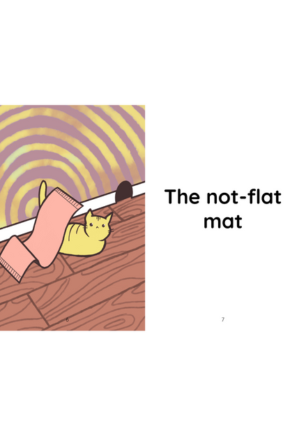 The mat flying over to a sitting cat