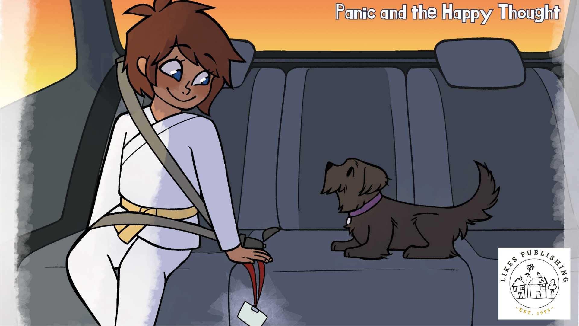 Cartoon character sitting in a car with a dog, titled 'Panic and the Happy Thought'.