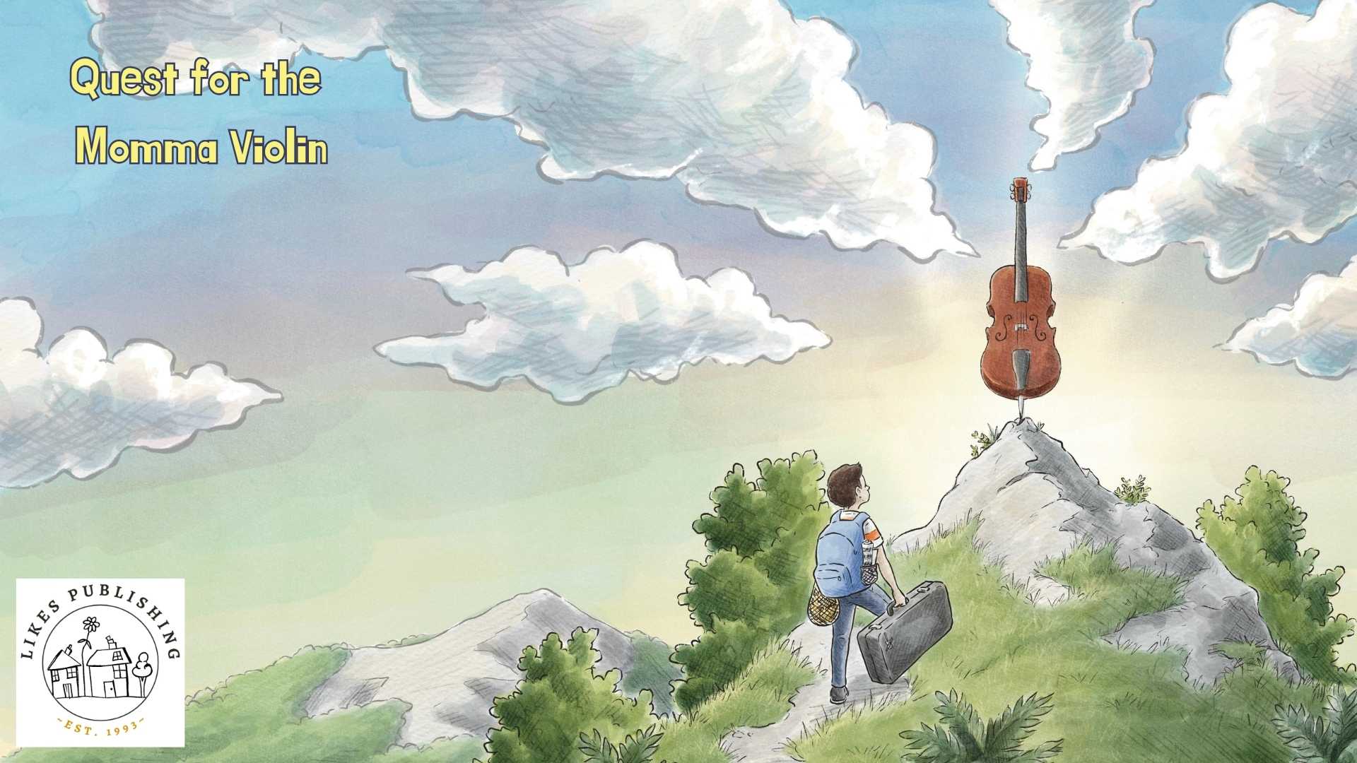 Illustration of a person with a violin case on a mountain peak, with 'Quest for the Monima Violin' text above.