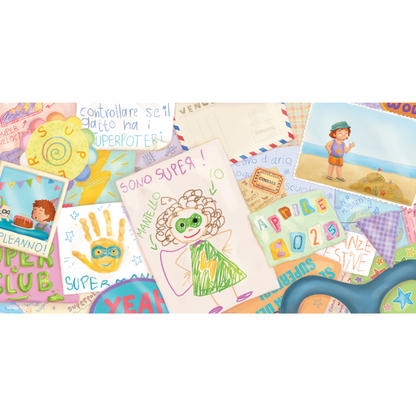 Colorful collage of children's drawings and illustrations on a white background