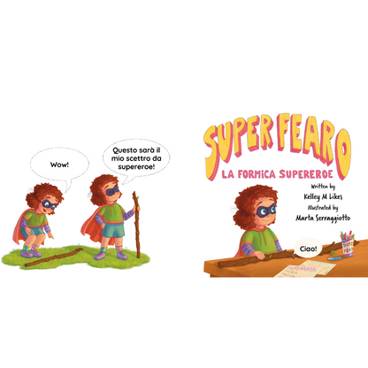 Illustrated book cover of 'Super Fero' with a superhero character and text bubbles.
