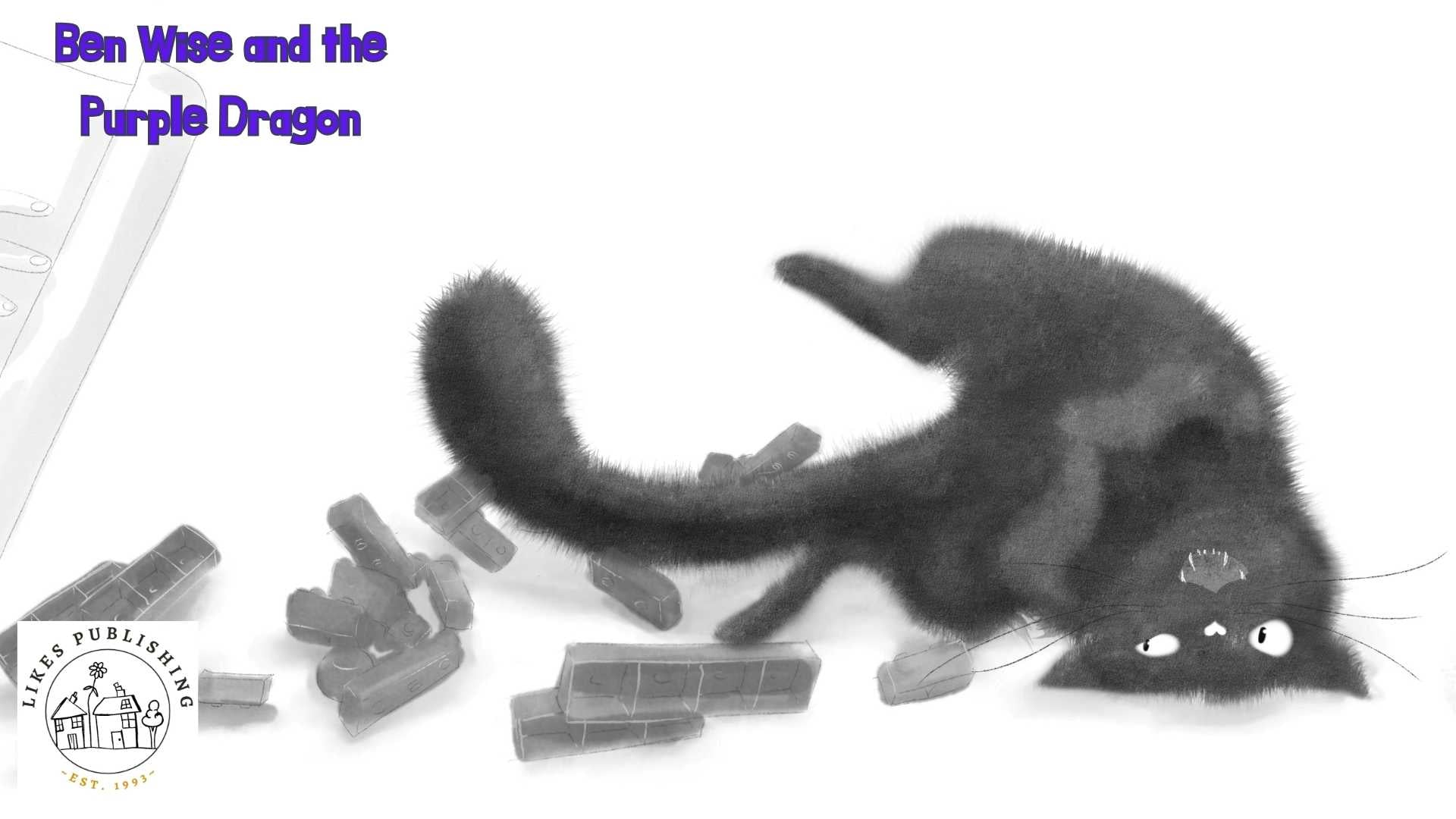 Black cat playing with toy blocks on a white background, with text 'Ben Wise and the Purple Dragon' and 'Likes Publishing'.