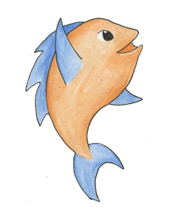 Cartoon fish with blue fins on a white background