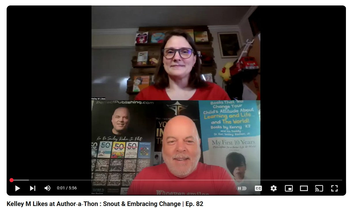 Two people on a video call with a bookshelf of Likes Publishing books in the background
