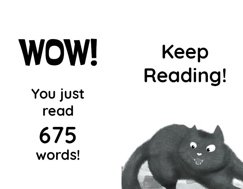 Black cat illustration with text indicating word count and encouragement to keep reading.