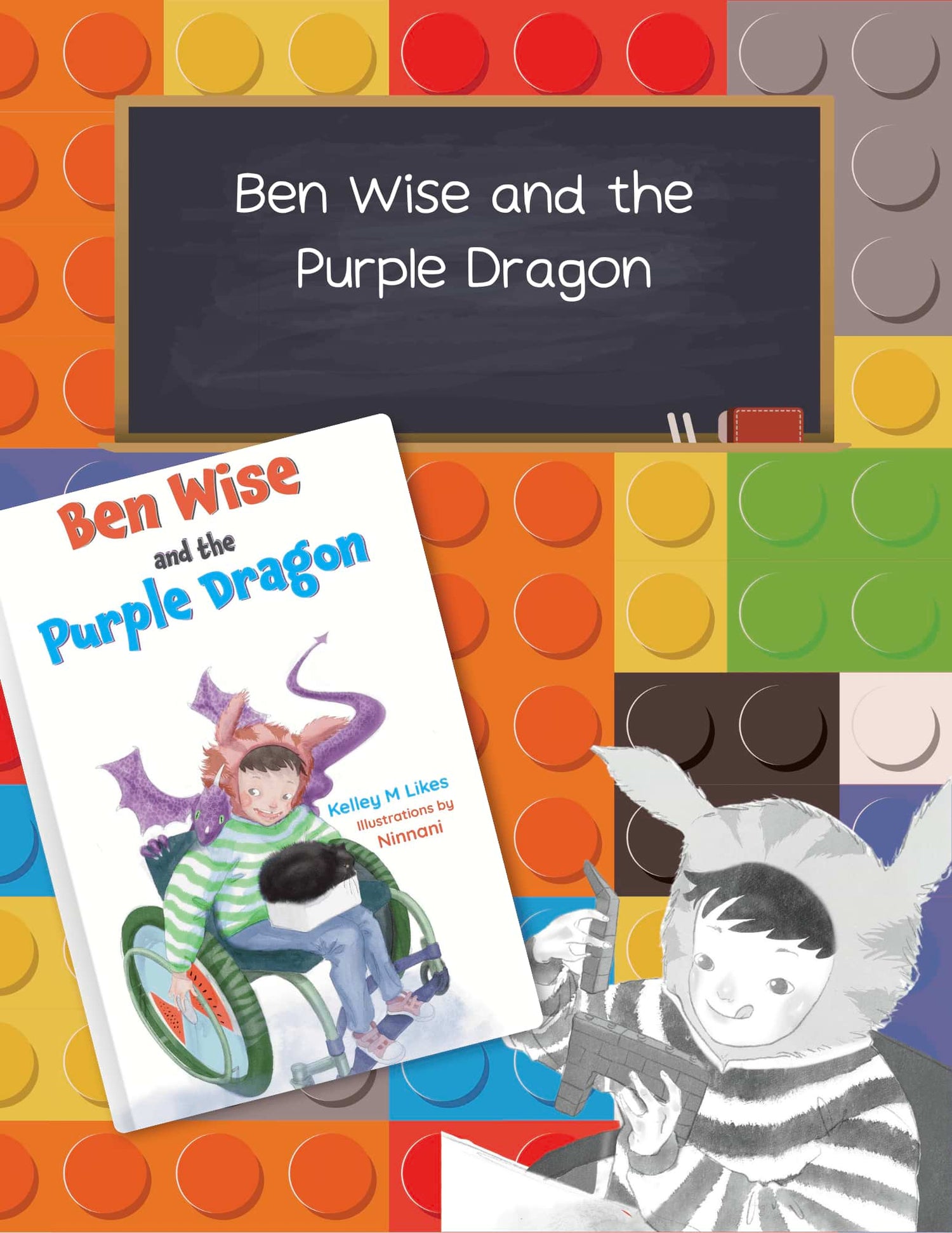 Book titled 'Ben Wise and the Purple Dragon' with a child in a wheelchair and dragon costume against a colorful block background.