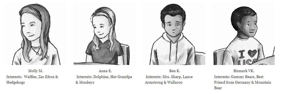 Four illustrations of children with their names and interests listed below each.