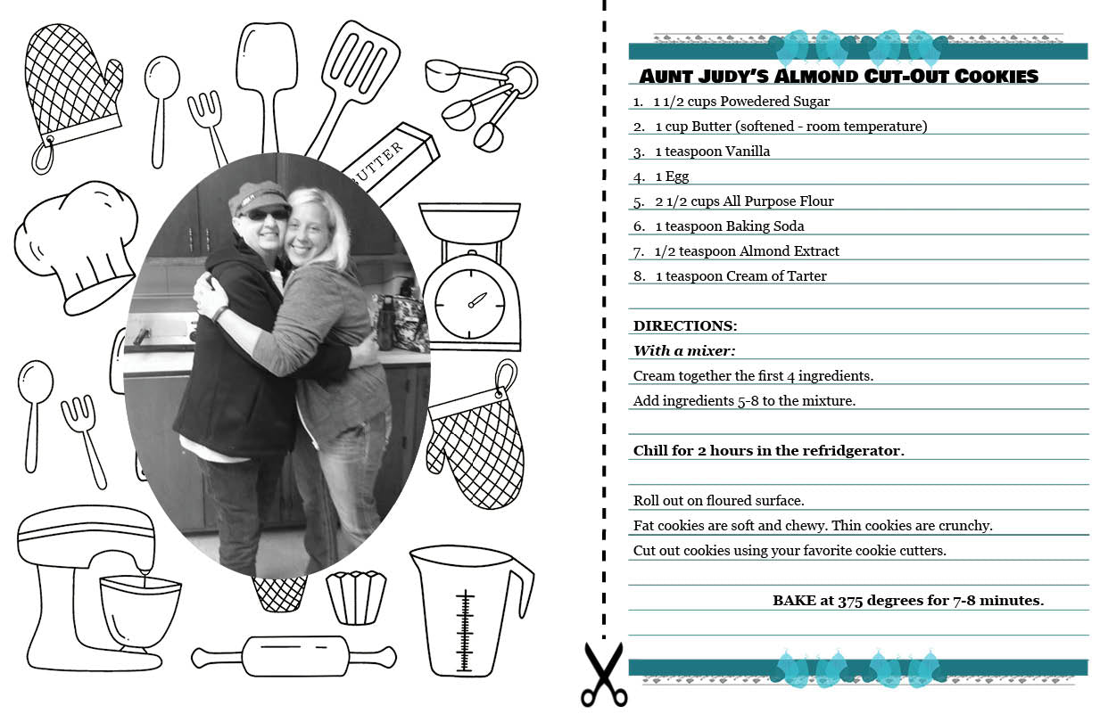 Recipe card for 'Aunt Judy's Almond Cut-Out Cookies' with a photo of two people hugging and kitchen utensils.
