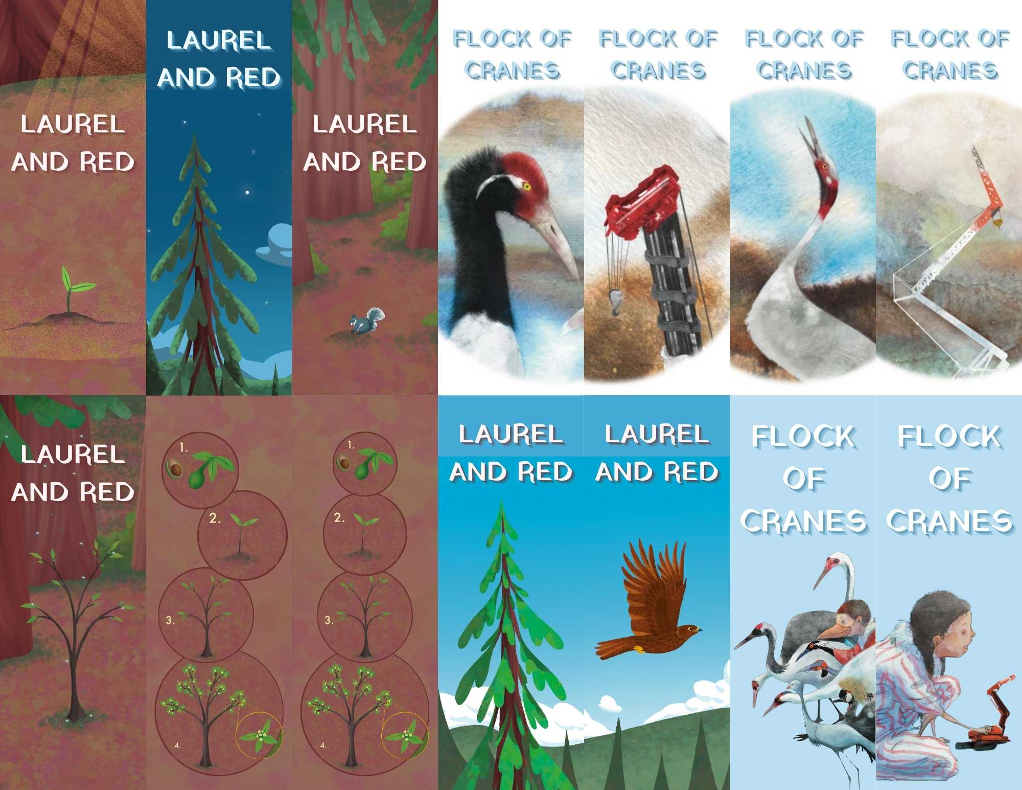Collage of book covers and illustrations featuring 'Laurel and Red' and 'Flock of Cranes'.