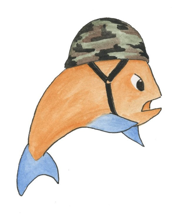 Cartoon fish with a camouflage hat on a white background