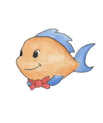 Cartoon fish with a blue tail and red bow tie on a white background