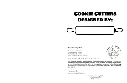 First page of a book titled 'Cookie Cutters Designed By' with a rolling pin illustration and publisher's logo.