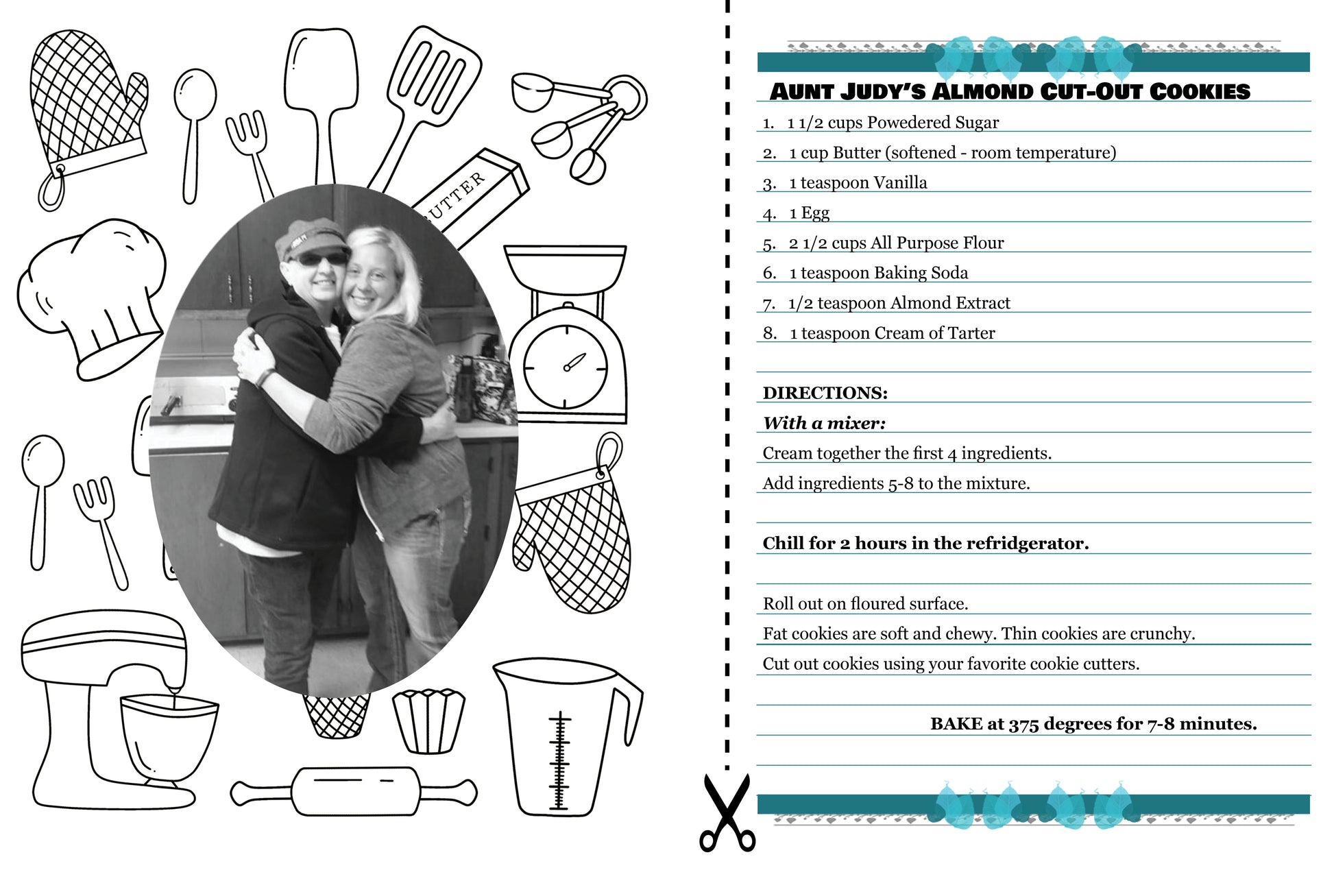 Recipe card for Aunt Judy's Almond Cut-Out Cookies with a photo of a couple hugging.
