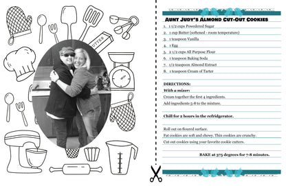 Recipe card for Aunt Judy's Almond Cut-Out Cookies with a photo of a couple hugging.