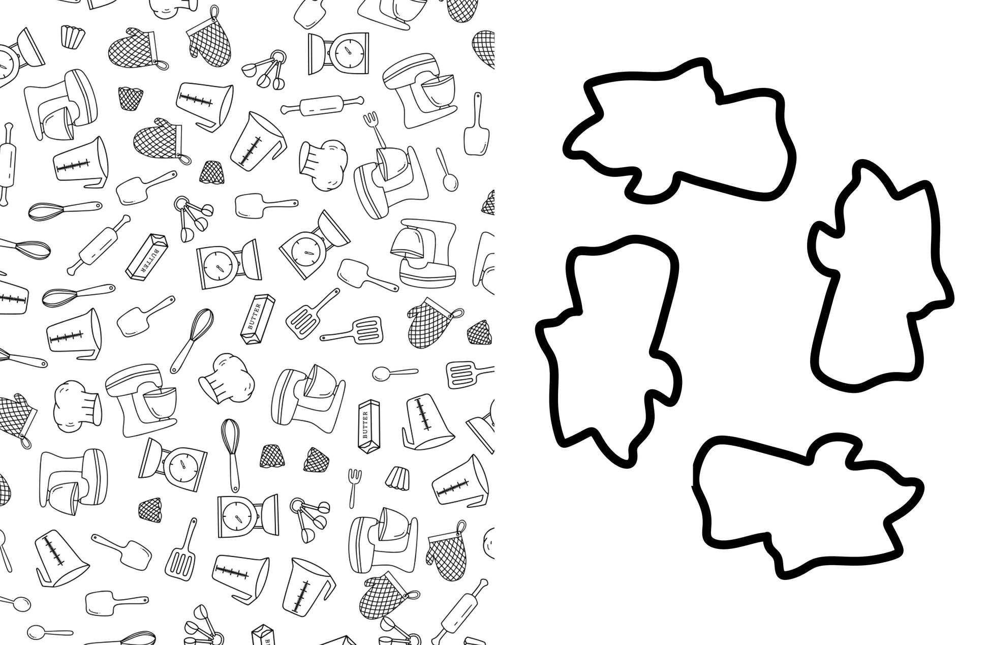 Black and white pattern of kitchen utensils on a white background with four large black shapes.
